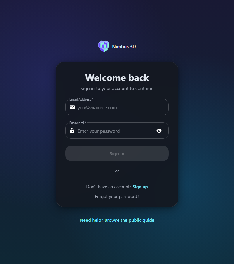 Nimbus sign-in screen with callouts for the email field, sign-in action, and public guide link.